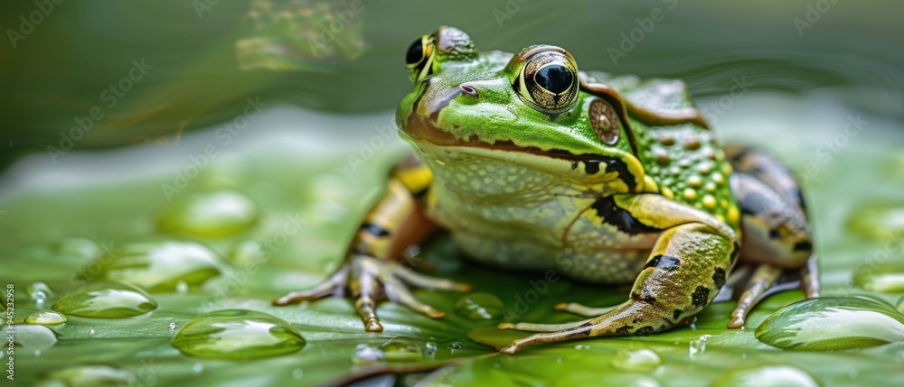 Tranquil Frog Sitting on Green Lily Pad with Detailed Skin Textures and Water Droplets in Pond Tranquil Frog Sitting on Green Lily Pad with Detailed Skin Textures and Water Droplets in Pond