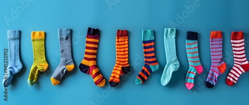 Colorful socks hanging on a clothesline against an isolated blue background, national sock day photo