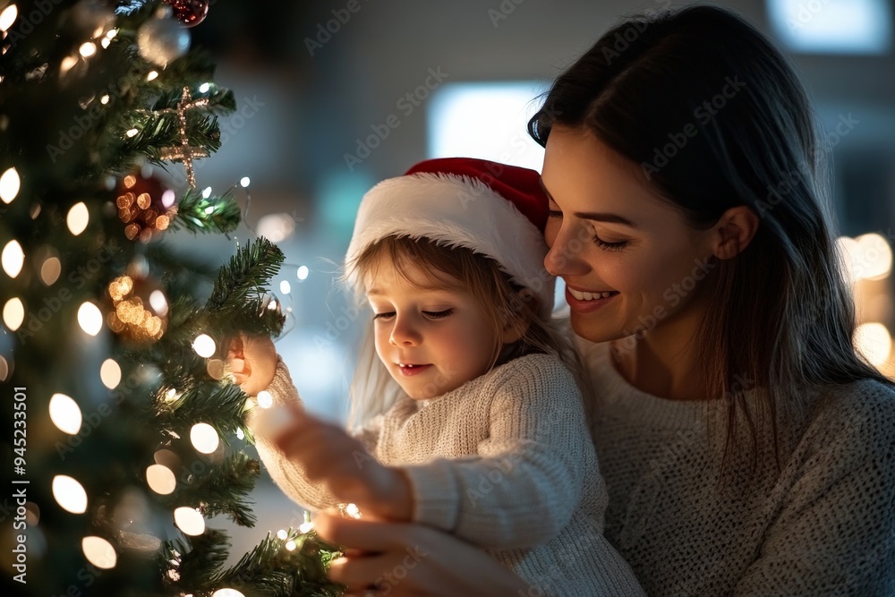 A mother and her young daughter wearing Santa hats happily decorate a Christmas tree with lights and ornaments, showcasing family bonding, holiday spirit and festive traditions. A mother and her young daughter wearing Santa hats happily decorate a Christmas tree with lights and ornaments, showcasing family bonding, holiday spirit and festive traditions.
