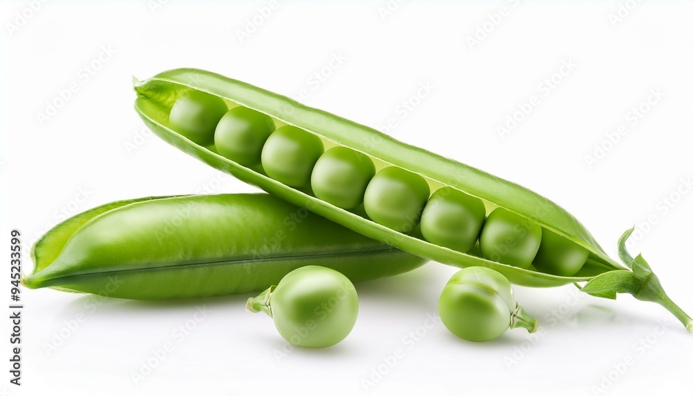 Crisp and Fresh: Green Peas and Leaves in Open Pods on White Crisp and Fresh: Green Peas and Leaves in Open Pods on White