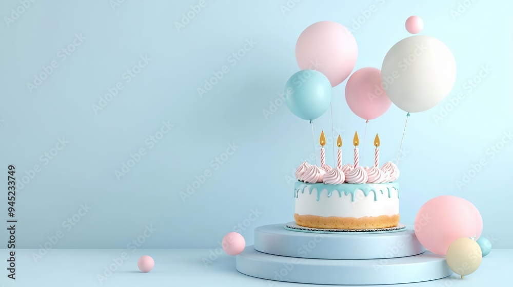 Podium with a cartoon-style birthday cake and animated balloons, 3D ...