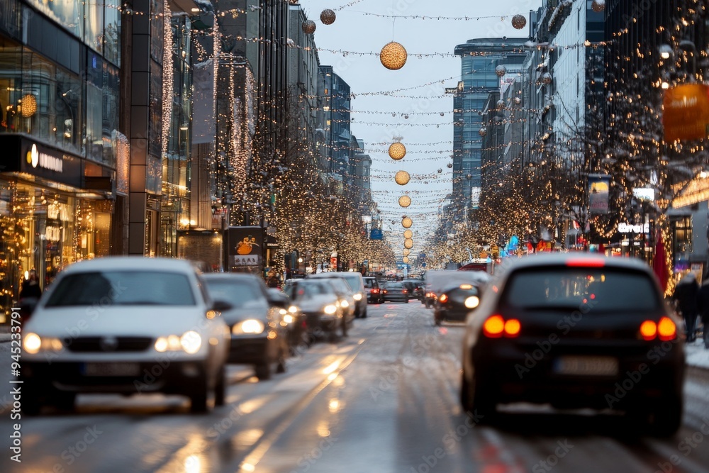 Naklejka premium A bustling city street adorned with holiday lights and decorations, featuring cars moving through the winter landscape, embodying the festive season's vibrancy and energy.