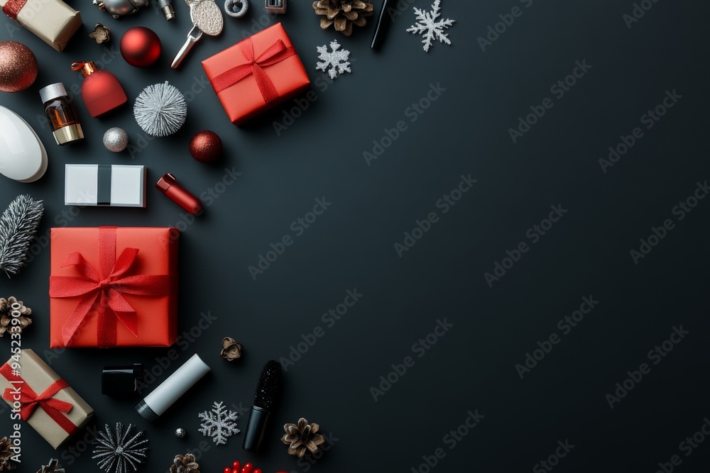 Obraz premium An array of Christmas gifts and decorations, including red presents, pine cones, and ornaments, spread out on a sleek black background, creating a festive and modern aesthetic.
