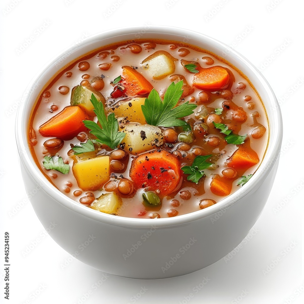 Lentil soup, rich orange tones, vegetables and herbs, nutritious and warm, isolated on white background Lentil soup, rich orange tones, vegetables and herbs, nutritious and warm, isolated on white background