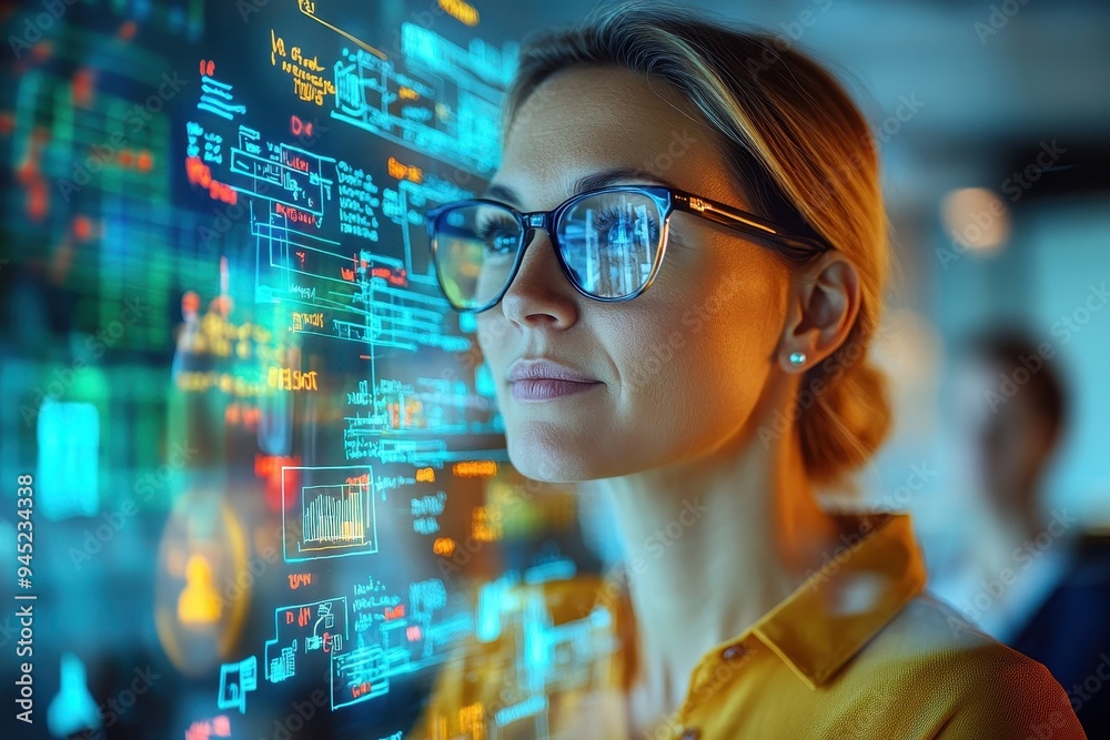 Image shows a person wearing glasses looking at a futuristic digital screen with various data visualizations and holographic elements, implying technology and data analysis. Image shows a person wearing glasses looking at a futuristic digital screen with various data visualizations and holographic elements, implying technology and data analysis.