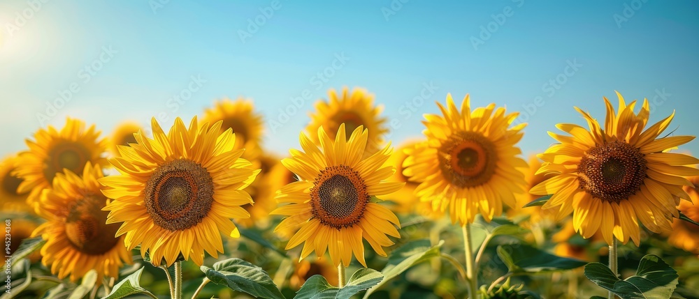 Obraz premium Sunflower Bliss: Stunning Field of Vibrant Yellow Flowers Against Clear Blue Sky