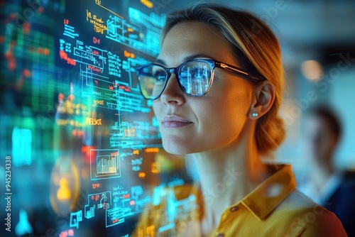 Image shows a person wearing glasses looking at a futuristic digital screen with various data visualizations and holographic elements, implying technology and data analysis.