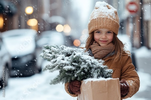 Fototapeta Naklejka Na Ścianę i Meble -  A warmly dressed child stands in a snow-covered street holding a small Christmas tree, capturing the essence of winter and festive preparations amidst a picturesque outdoor setting.