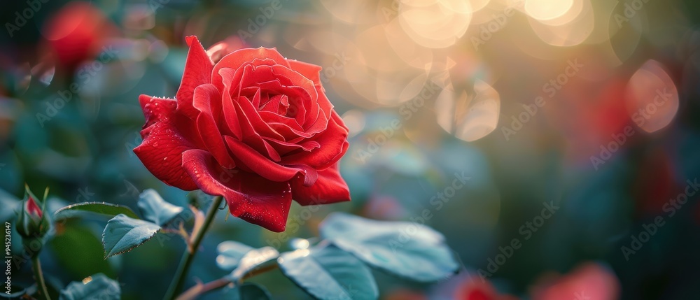 Enchanting Close-Up of Vibrant Red Rose with Delicate Petals and Lush Greenery Background Enchanting Close-Up of Vibrant Red Rose with Delicate Petals and Lush Greenery Background
