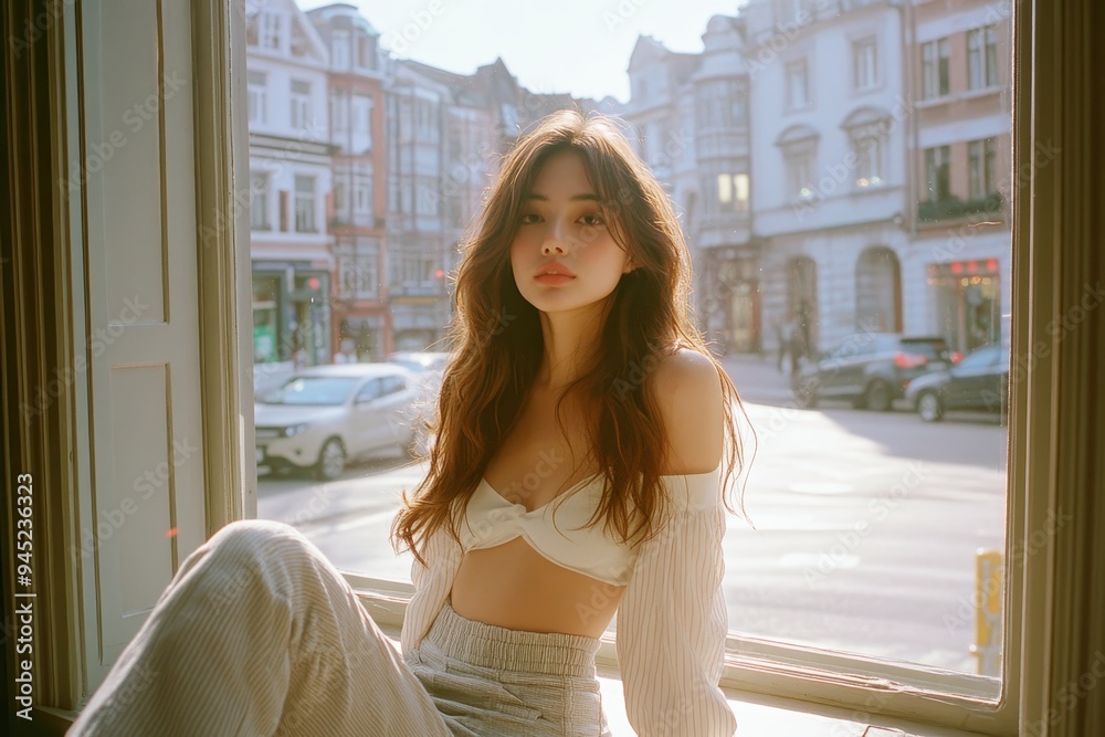 Stylish woman posing by a sunlit window in urban setting Stylish woman posing by a sunlit window in urban setting