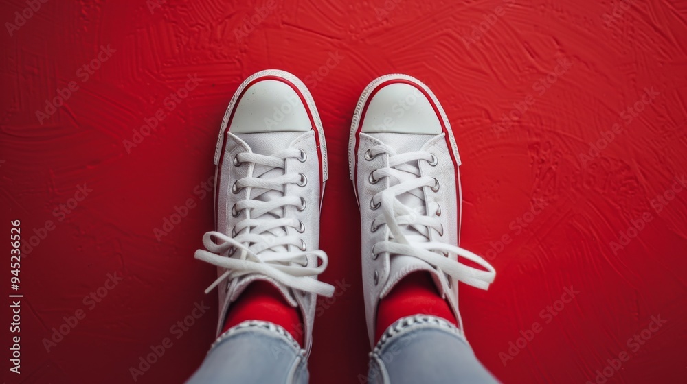 White Sneakers on Red Background White Sneakers on Red Background