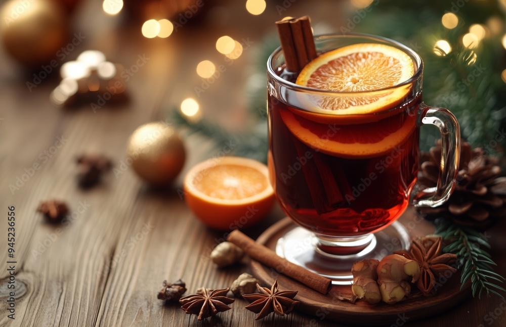 Warm spiced wine with citrus, ginger, and cinnamon in a festive Christmas table setting Warm spiced wine with citrus, ginger, and cinnamon in a festive Christmas table setting