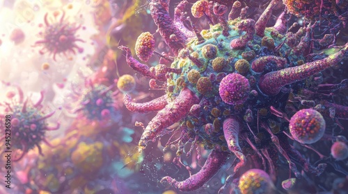 A 3D rendering of a virus concept in a future world, with intricate designs and vibrant colors symbolizing its impact photo