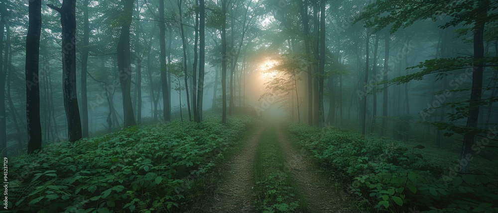 Naklejka premium Enchanted Morning Stroll Through Misty Forest - A Serene Path with Sunlit Trees vanishing into Foggy Atmosphere.