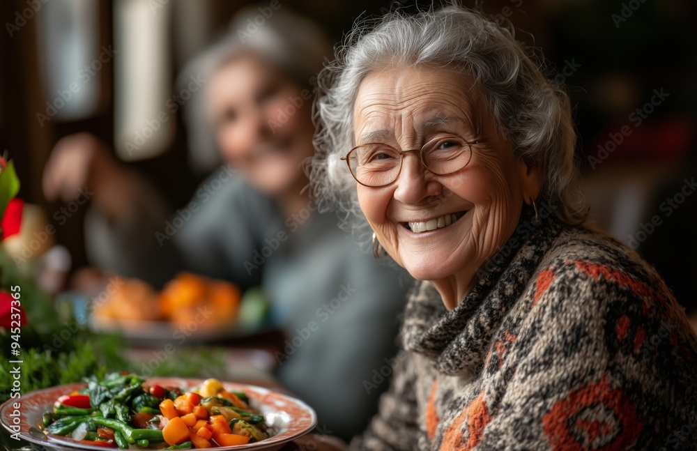 Elderly woman and friends enjoying Christmas dinner, laughing and eating in a cozy living room Elderly woman and friends enjoying Christmas dinner, laughing and eating in a cozy living room