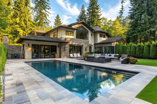 A luxurious home with a pool surrounded by trees and a patio for relaxation.