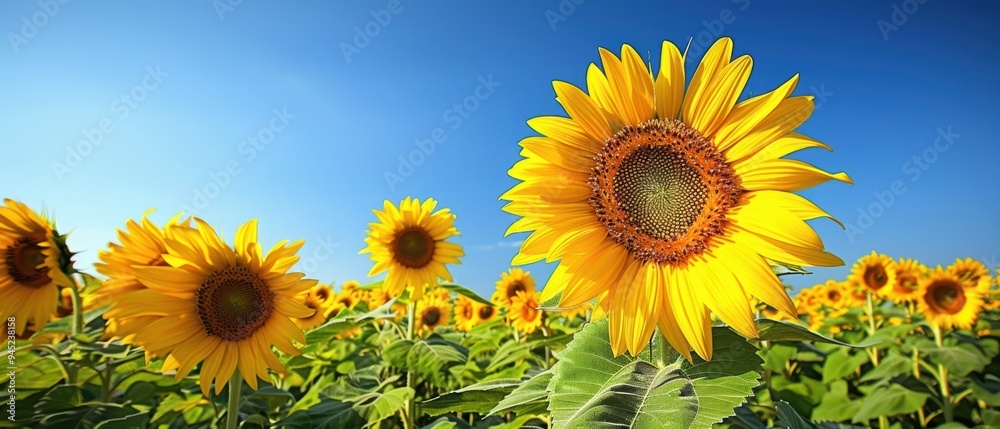 Sunny Bliss: Bright Sunflower Field in Full Bloom Under Clear Blue Sky Sunny Bliss: Bright Sunflower Field in Full Bloom Under Clear Blue Sky