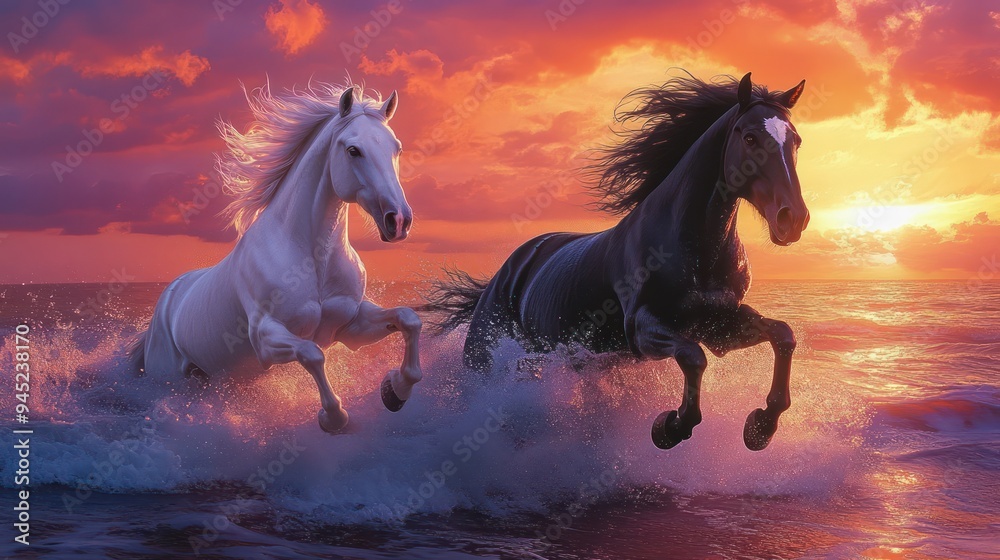 A dramatic scene of two wild horses, one white and one black, galloping through the ocean waves during a vibrant sunset A dramatic scene of two wild horses, one white and one black, galloping through the ocean waves during a vibrant sunset