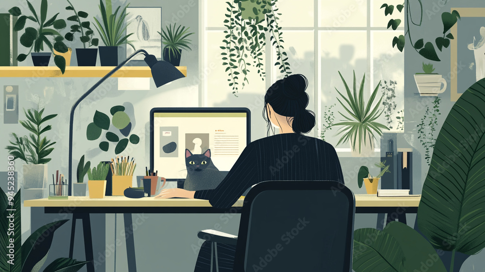 Fototapeta premium A person working from home with a cat in a cozy office filled with plants during a sunny day