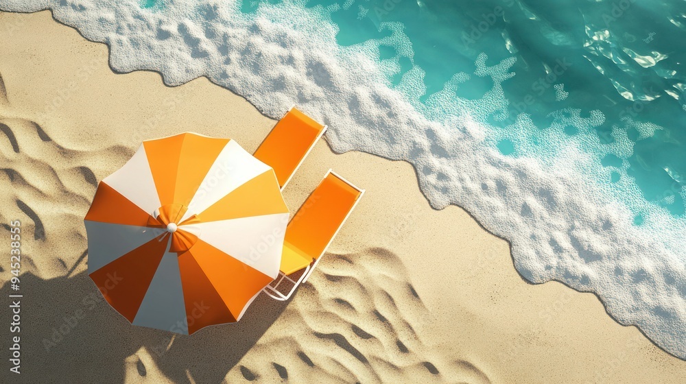 Fototapeta premium Orange deckchair, swimming circle, and umbrella on sandy beach top view. Photorealistic