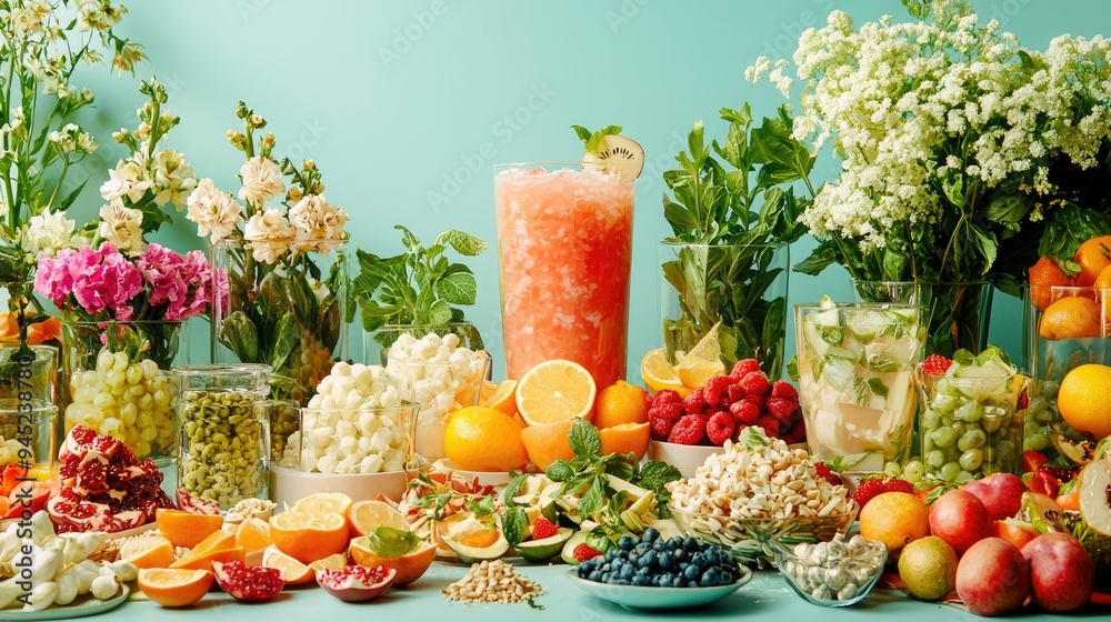 A Still Life of Various Fruits, Flowers, and Drinks in Glass Vases A Still Life of Various Fruits, Flowers, and Drinks in Glass Vases