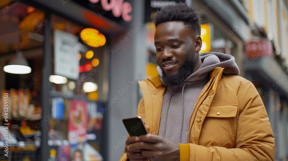 Young man using smartphone outdoors in urban setting Young man using smartphone outdoors in urban setting