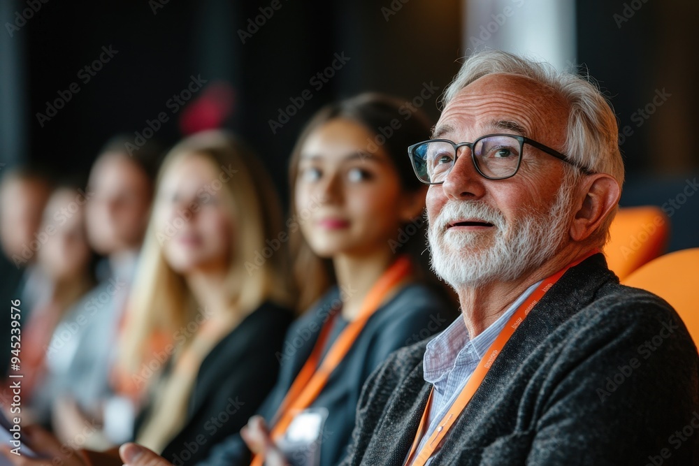 Fototapeta premium A group of people with lanyards attentively listening at a conference.