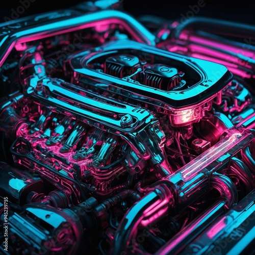 Abstract neon light Cyborg car engine, glowing space background