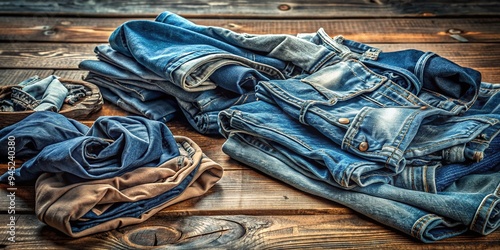 Crumpled, worn, and faded denim jeans with deep creases and wrinkles suggestive of years of wear, laid out on a rustic wooden table amidst scattered fabric scraps. photo