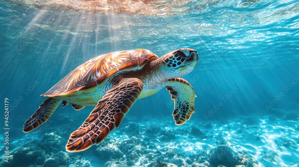 Fototapeta premium A sea turtle glides through the ocean, with sunlight streaming through the water