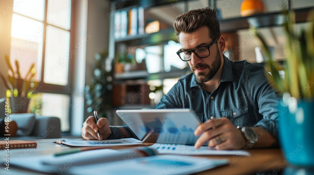 Man Working on Digital Tablet in Modern Office Man Working on Digital Tablet in Modern Office