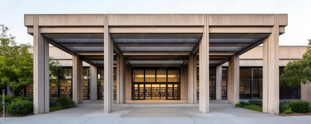Fototapeta premium A brutalist library entrance with a heavy, overhanging concrete canopy, Neo Brutalism, library entrance, canopy