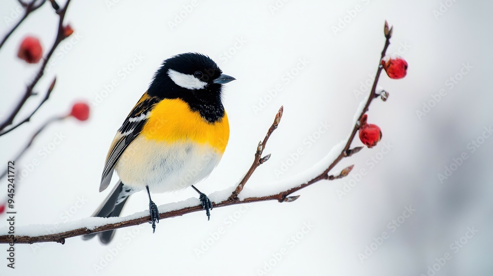 A Yellow-Breasted Bird Perched on a Snowy Branch A Yellow-Breasted Bird Perched on a Snowy Branch