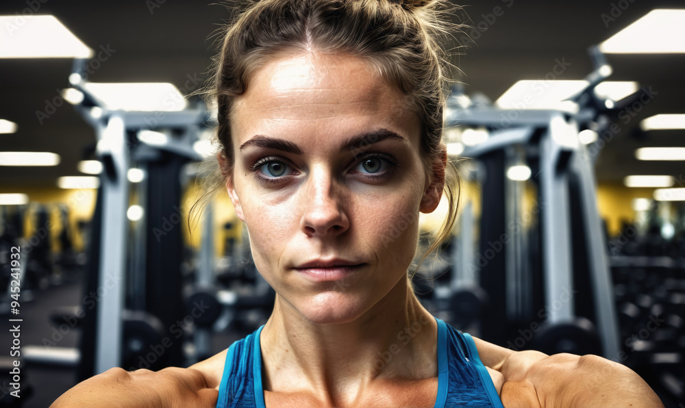 A woman stares intently at the camera while standing in a gym A woman stares intently at the camera while standing in a gym