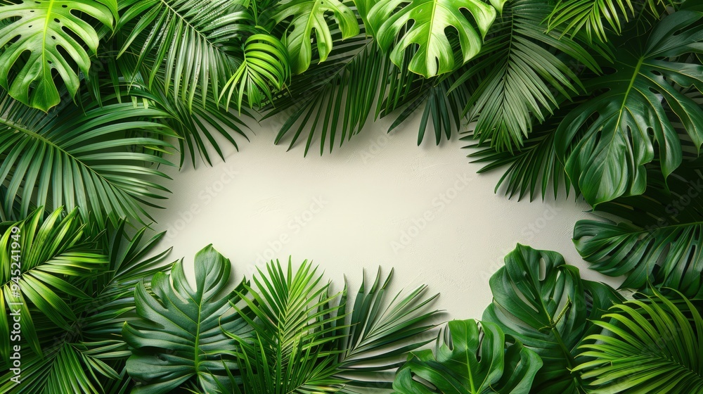 A frame of tropical green leaves against a white background. A frame of tropical green leaves against a white background.