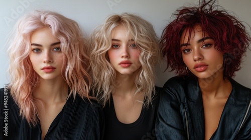 Three women with different hair colors and styles are posing for a photo