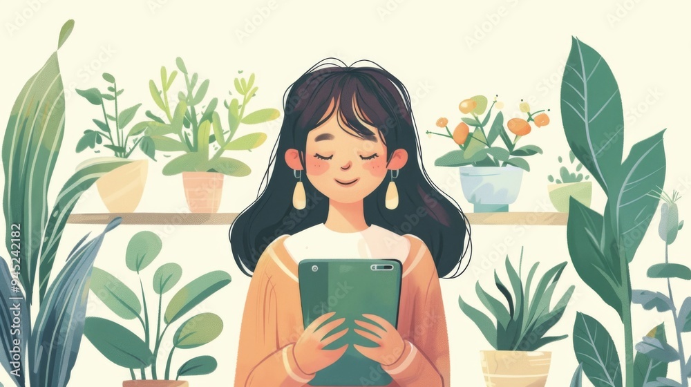 Young Woman Reading Tablet Among Houseplants Young Woman Reading Tablet Among Houseplants