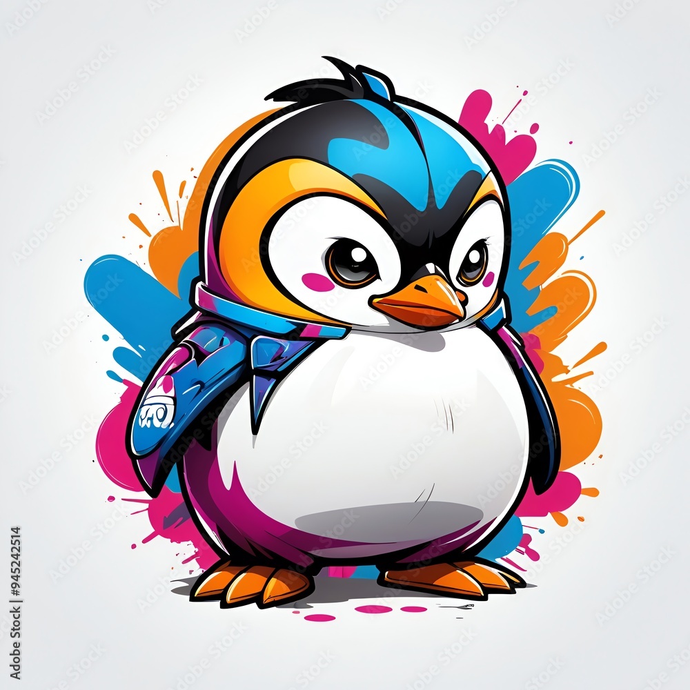 Obraz premium Cute Penguin Cartoon with Colorful Splashes