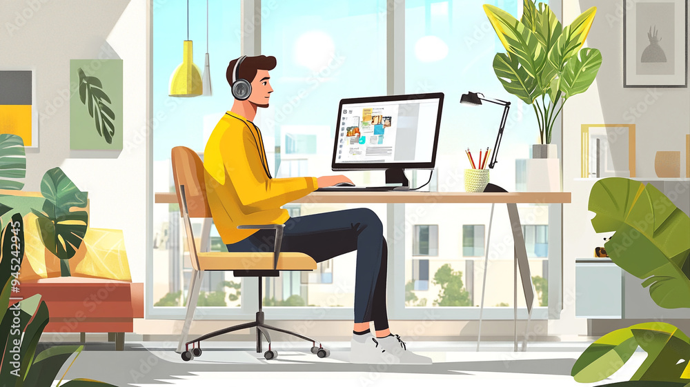 A man working on a computer in a bright, modern home office filled with plants and natural light during the day A man working on a computer in a bright, modern home office filled with plants and natural light during the day