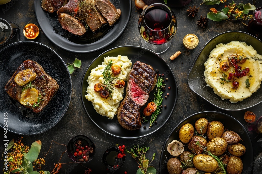 A plate of meat with a side of mashed potatoes and vegetables and a glass of red wine. A plate of meat with a side of mashed potatoes and vegetables and a glass of red wine.