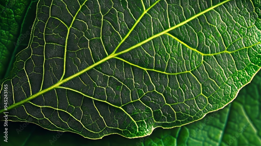 A close-up of a lush green leaf reveals intricate patterns and textures formed by its veins.