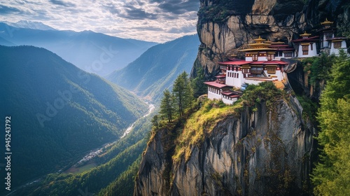 Tiger's Nest Monastery, a sacred and renowned temple, is perched atop a towering cliff in Bhutan's Paro Valley, offering breathtaking views and a serene ambiance. photo