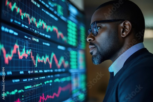 Serious African American Financial Adviser Analyzing Stock Market Trends on Big Screen