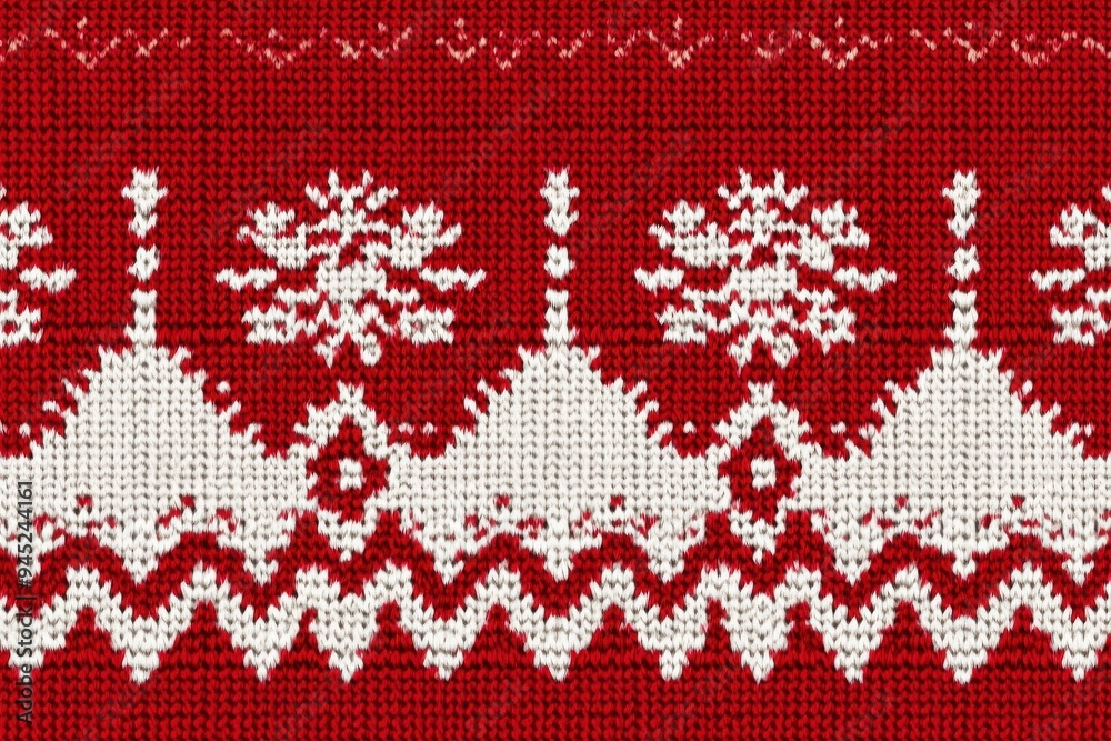 A red and white knit sweater with a snowflake pattern. Knitted red and white sweater print. Christmas knit ornament. Xmas geometric border. Holiday seamless pattern. Fair isle traditional texture A red and white knit sweater with a snowflake pattern. Knitted red and white sweater print. Christmas knit ornament. Xmas geometric border. Holiday seamless pattern. Fair isle traditional texture