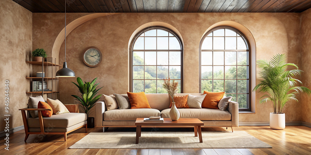 A cozy living room with earthy tones, arched windows, beige furniture, and warm lighting, creating a comfortable and inviting space with natural elements A cozy living room with earthy tones, arched windows, beige furniture, and warm lighting, creating a comfortable and inviting space with natural elements