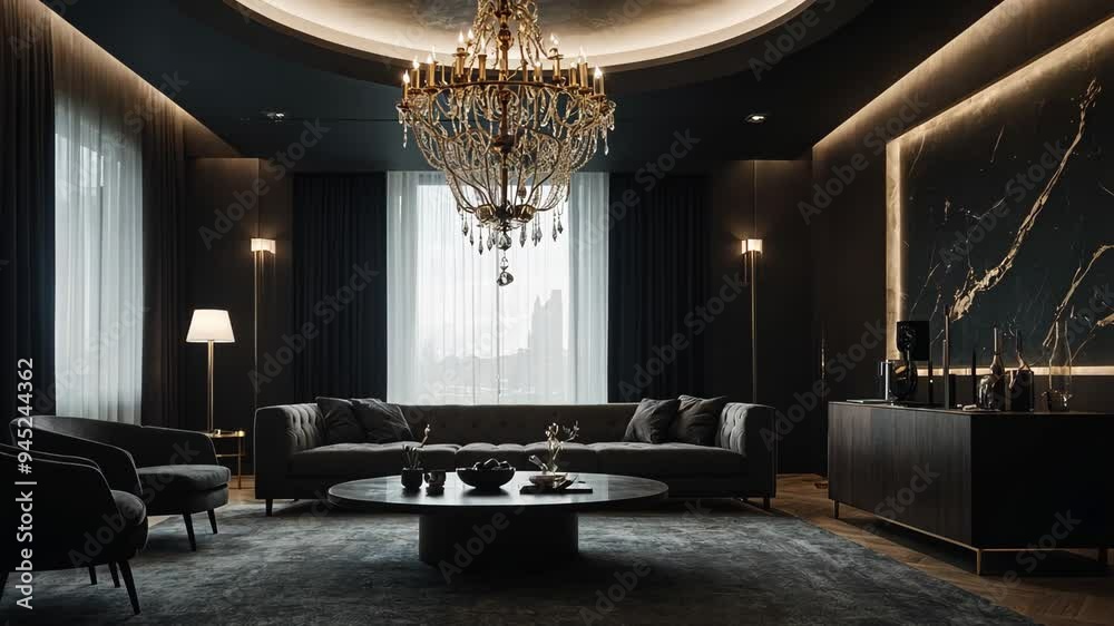 Video footage of luxurious living room with dark toned walls, modern furniture, and an elegant chandelier