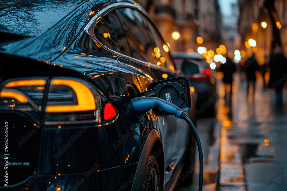 High-Resolution Image of Black Electric Car at Outdoor Charging Station with Evening Blue Light and Detailed Power Cabinet High-Resolution Image of Black Electric Car at Outdoor Charging Station with Evening Blue Light and Detailed Power Cabinet