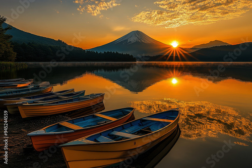 boats are resting on the shore in Japan is Lake Kawaguchiko, Mount Fuji with its morning baclground . photo