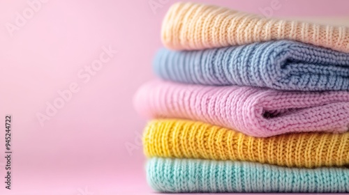 Vibrant stack of meticulously folded garments in pastel hues, including shirts and sweaters, arranged on a delicate pink backdrop. Close-up view offers ample space for custom text.