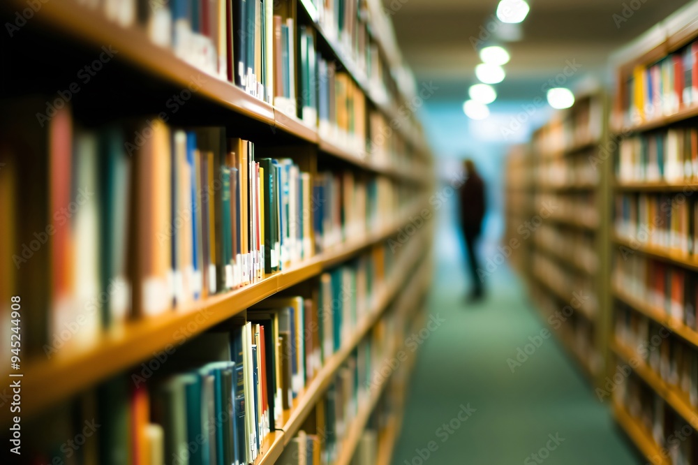 Browsing for a book in a library filled with bookshelves Browsing for a book in a library filled with bookshelves